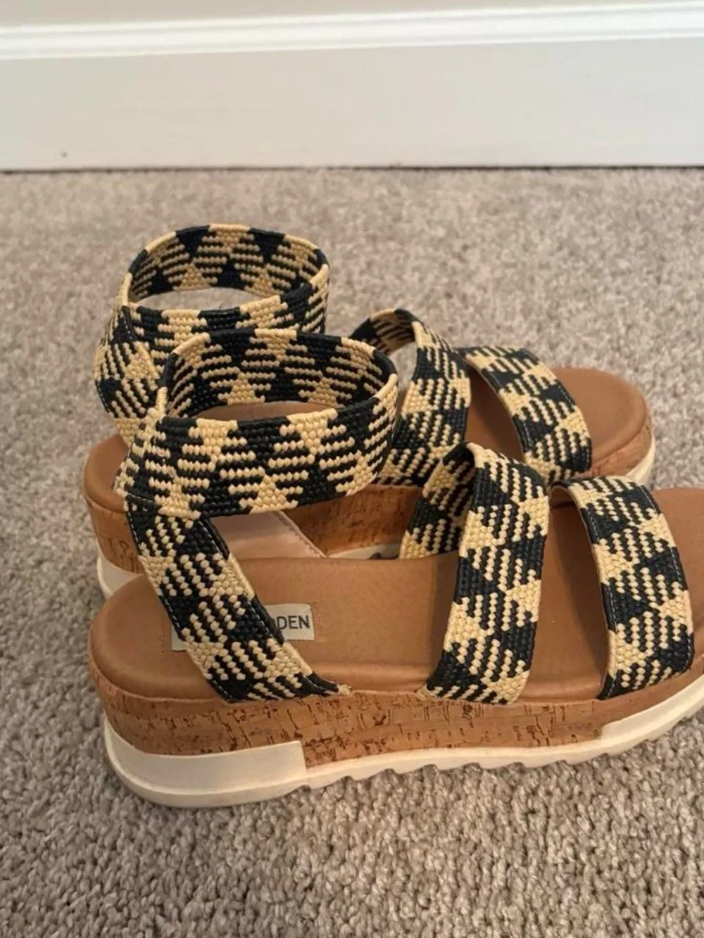 Steve Madden Black & Tan Woven Cork Wedge Sandals